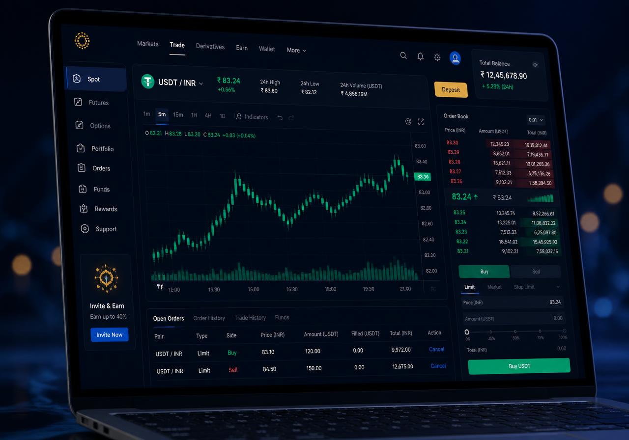Web trading terminal preview with live USDT to INR chart and order book
