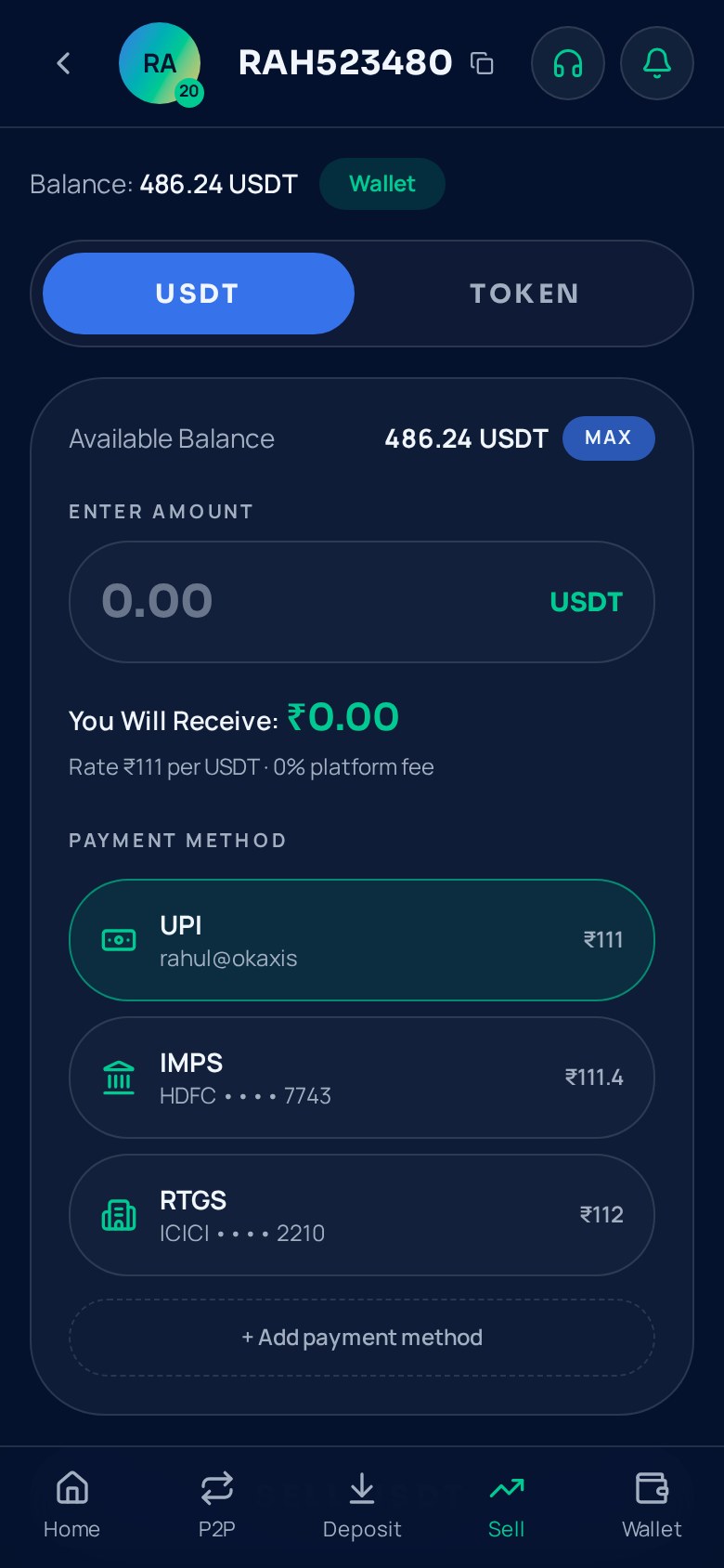 CoinDCXPay sell USDT screen with live INR payout